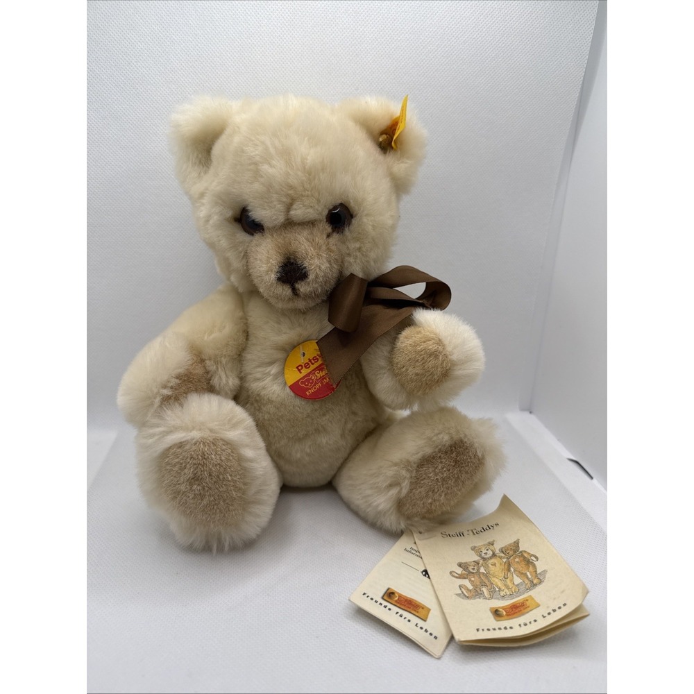 Steiff "PETSY" Jointed Cream Teddy Bear 9.5"‎ Brown Bow Tags Ear Chest And Foot